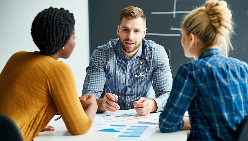 Fit individuals discussing health insurance options with an advisor